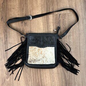 Western Cowhide Leather Fringe Crossbody Boho Shoulder Bag  in Black